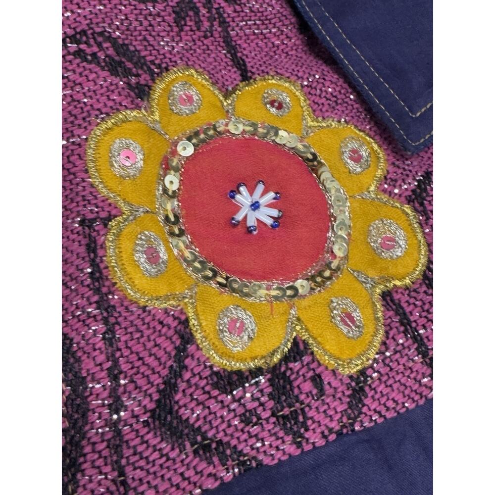 Indigo Moon Denim Chambray Medium Coat Pink Aztec Accent Purple Trim Embellish - Picture 3 of 13